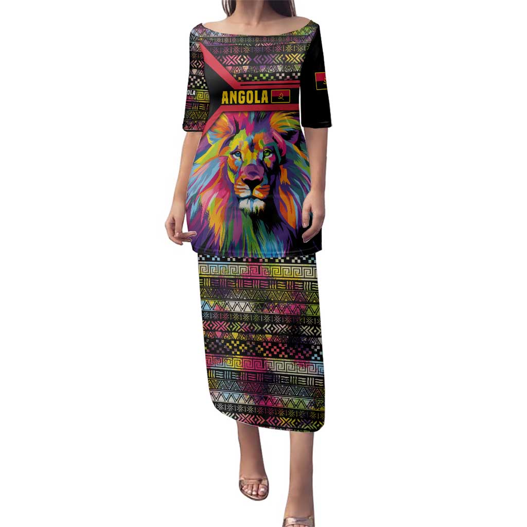 Angola Family Matching Puletasi and Hawaiian Shirt with Multicolor Tribal Design and Vibrant Lion - Wonder Print Shop