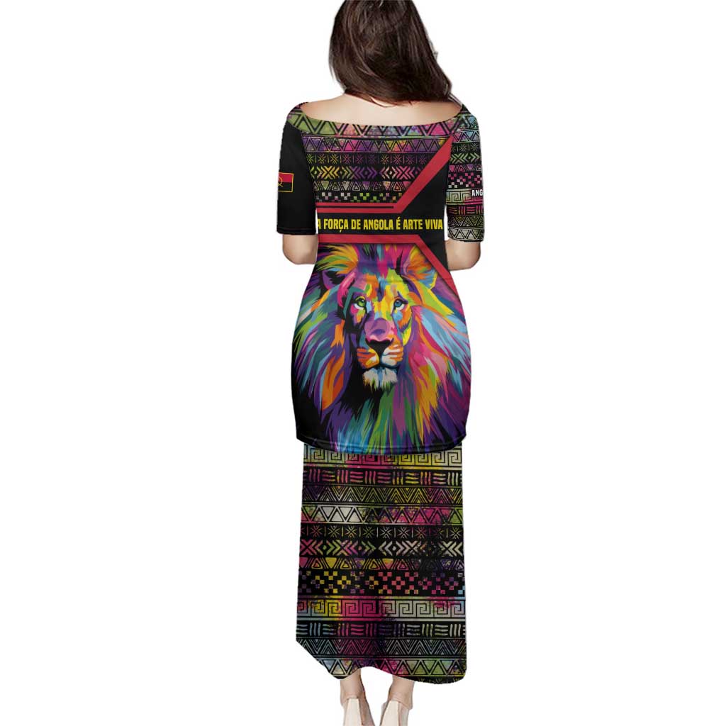 Angola Family Matching Puletasi and Hawaiian Shirt with Multicolor Tribal Design and Vibrant Lion - Wonder Print Shop