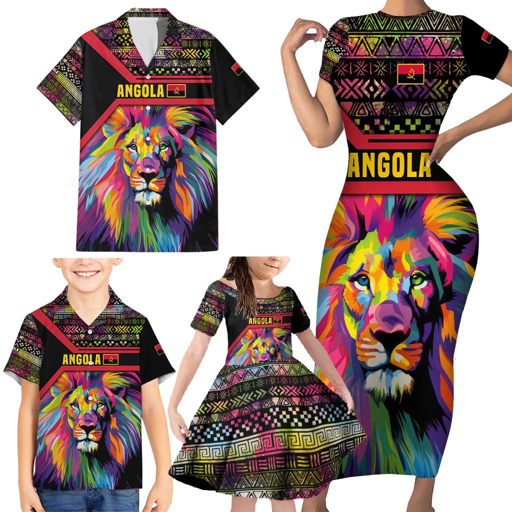 Angola Family Matching Short Sleeve Bodycon Dress and Hawaiian Shirt with Multicolor Tribal Design and Vibrant Lion - Wonder Print Shop