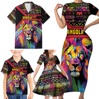Angola Family Matching Short Sleeve Bodycon Dress and Hawaiian Shirt with Multicolor Tribal Design and Vibrant Lion - Wonder Print Shop