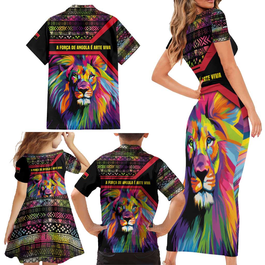 Angola Family Matching Short Sleeve Bodycon Dress and Hawaiian Shirt with Multicolor Tribal Design and Vibrant Lion - Wonder Print Shop