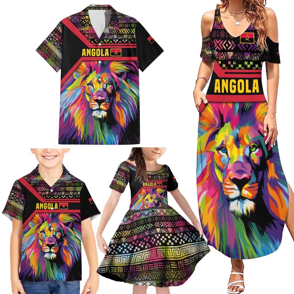 Angola Family Matching Summer Maxi Dress and Hawaiian Shirt with Multicolor Tribal Design and Vibrant Lion - Wonder Print Shop