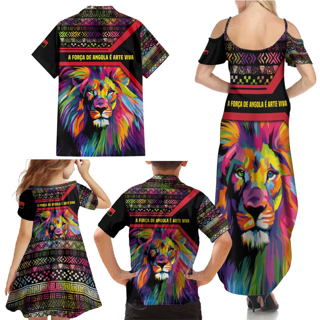 Angola Family Matching Summer Maxi Dress and Hawaiian Shirt with Multicolor Tribal Design and Vibrant Lion - Wonder Print Shop