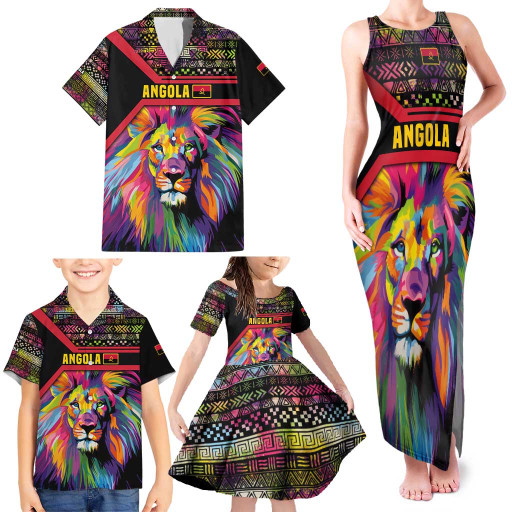 Angola Family Matching Tank Maxi Dress and Hawaiian Shirt with Multicolor Tribal Design and Vibrant Lion - Wonder Print Shop