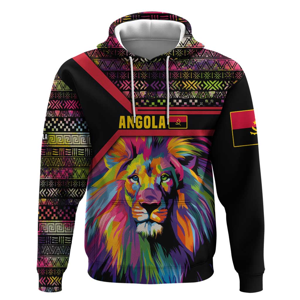 Angola Hoodie with Multicolor Tribal Design and Vibrant Lion - Wonder Print Shop