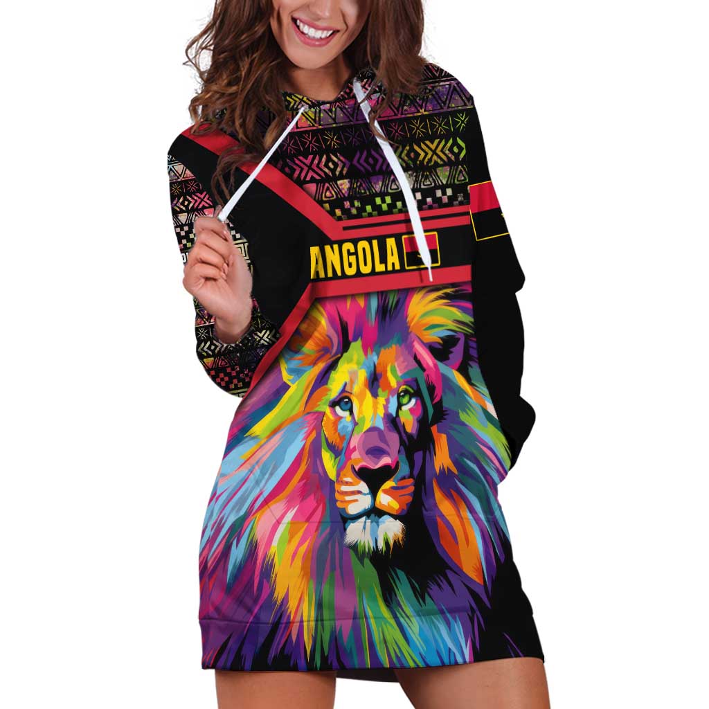Angola Hoodie Dress with Multicolor Tribal Design and Vibrant Lion - Wonder Print Shop