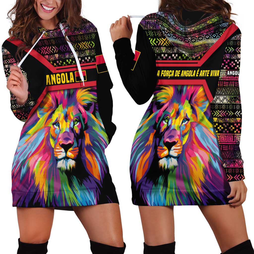 Angola Hoodie Dress with Multicolor Tribal Design and Vibrant Lion - Wonder Print Shop