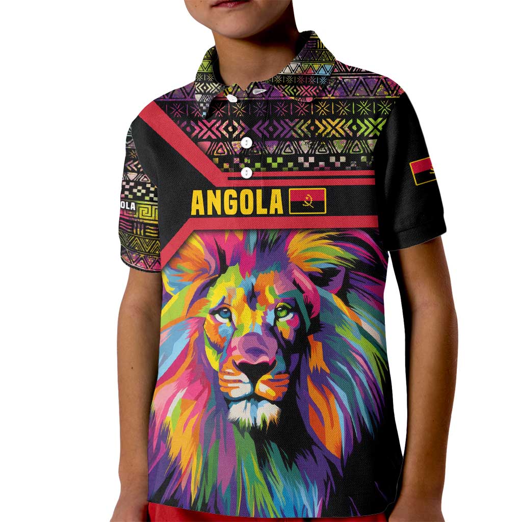 Angola Kid Polo Shirt with Multicolor Tribal Design and Vibrant Lion - Wonder Print Shop