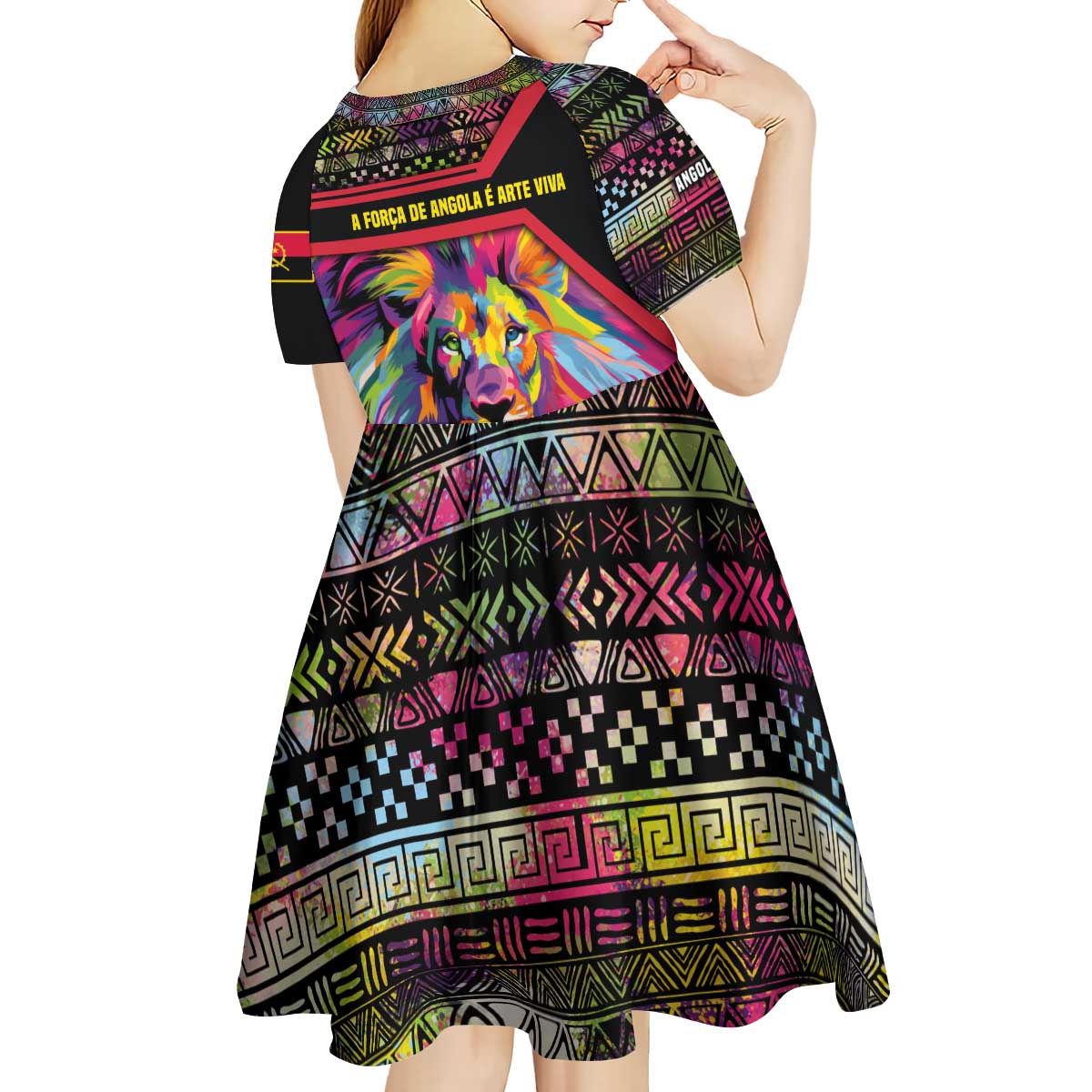 Angola Kid Short Sleeve Dress with Multicolor Tribal Design and Vibrant Lion - Wonder Print Shop