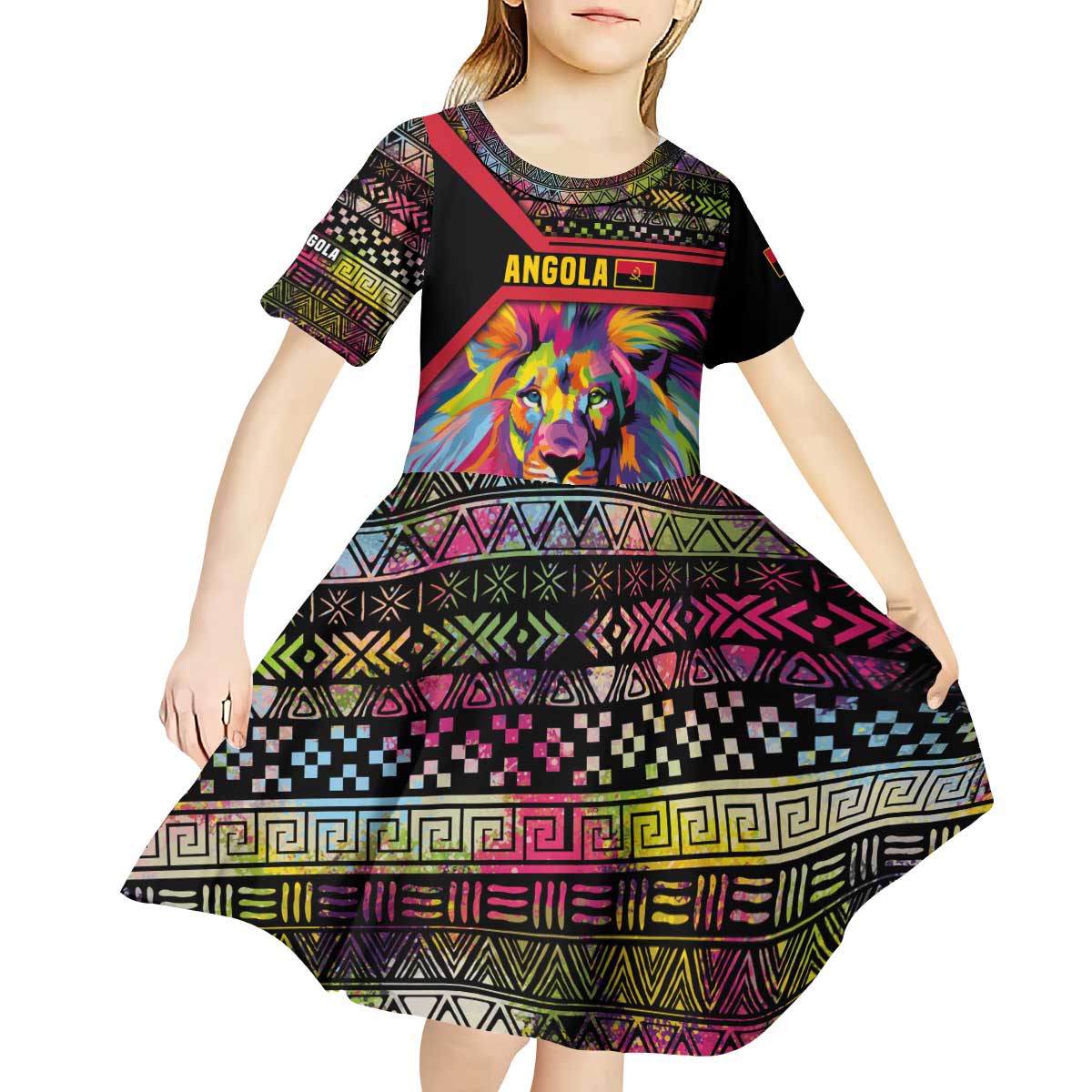 Angola Kid Short Sleeve Dress with Multicolor Tribal Design and Vibrant Lion - Wonder Print Shop