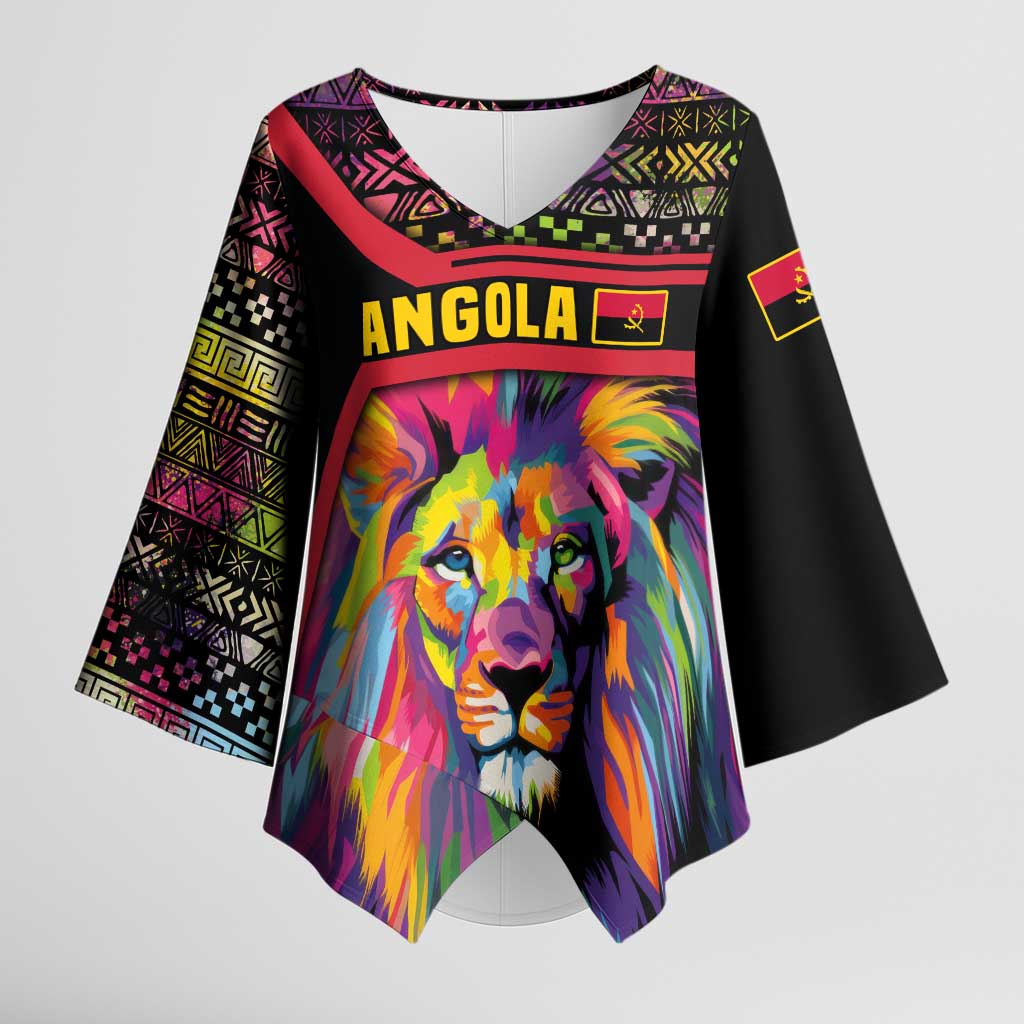Angola Kimono Sleeve Blouse with Multicolor Tribal Design and Vibrant Lion - Wonder Print Shop