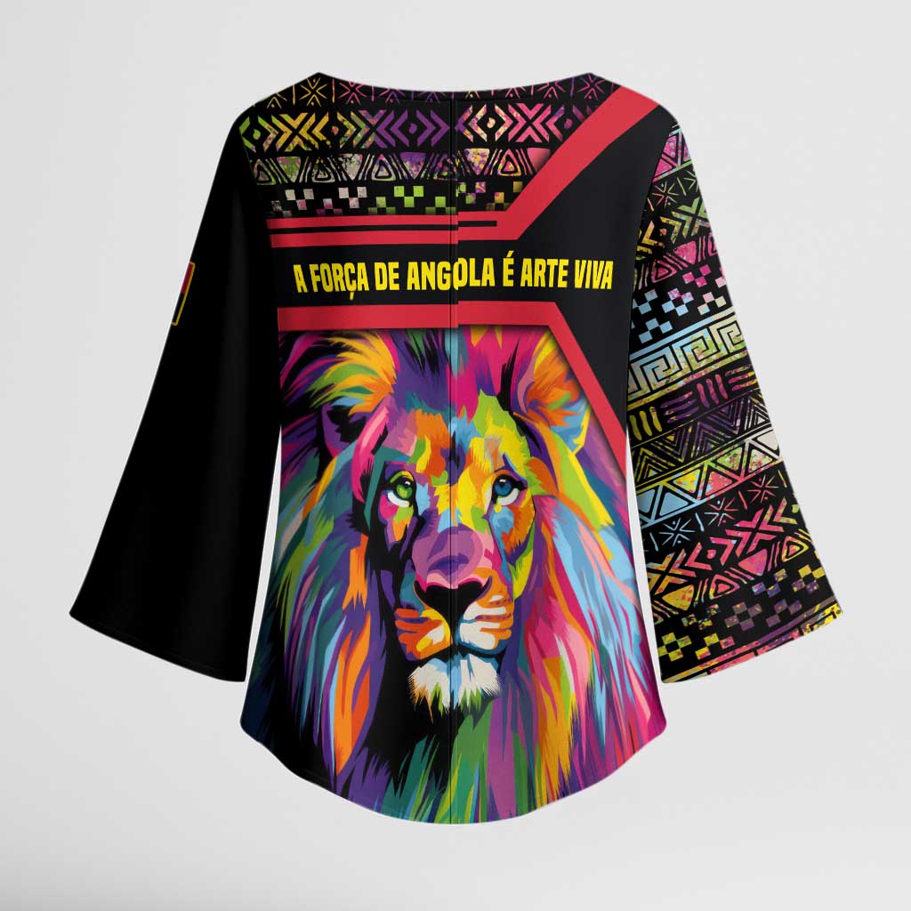 Angola Kimono Sleeve Blouse with Multicolor Tribal Design and Vibrant Lion - Wonder Print Shop