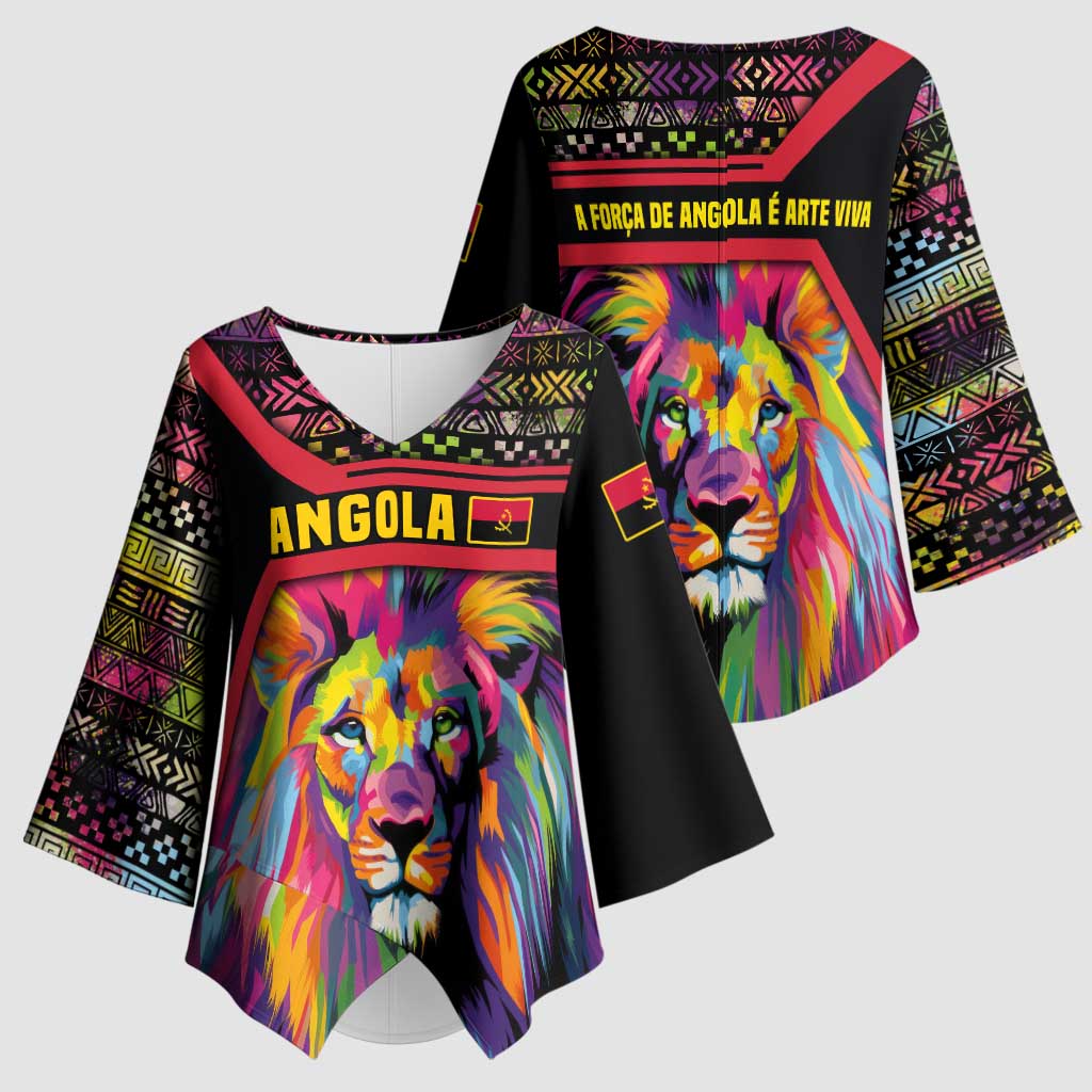 Angola Kimono Sleeve Blouse with Multicolor Tribal Design and Vibrant Lion - Wonder Print Shop