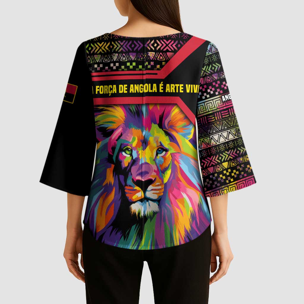 Angola Kimono Sleeve Blouse with Multicolor Tribal Design and Vibrant Lion - Wonder Print Shop
