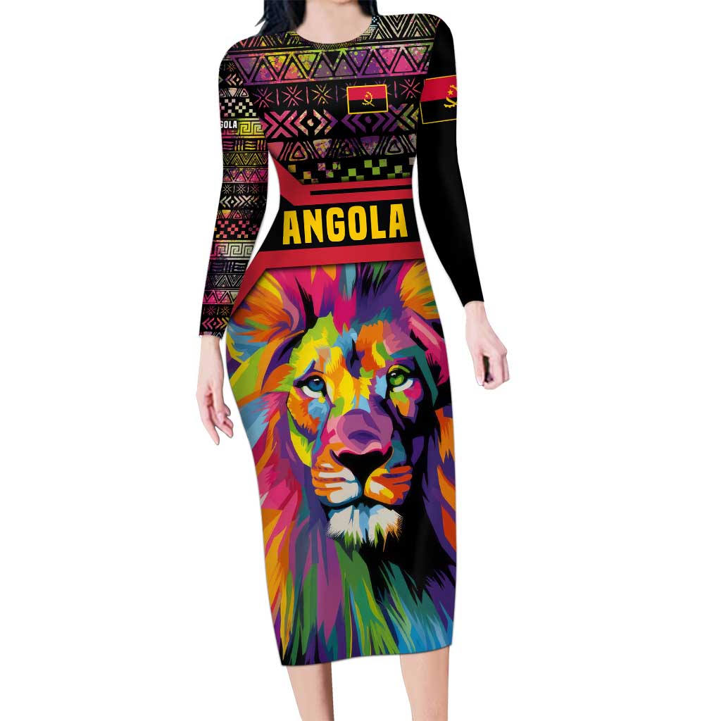 Angola Long Sleeve Bodycon Dress with Multicolor Tribal Design and Vibrant Lion - Wonder Print Shop