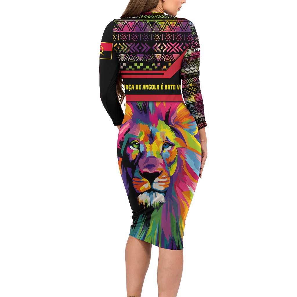 Angola Long Sleeve Bodycon Dress with Multicolor Tribal Design and Vibrant Lion - Wonder Print Shop