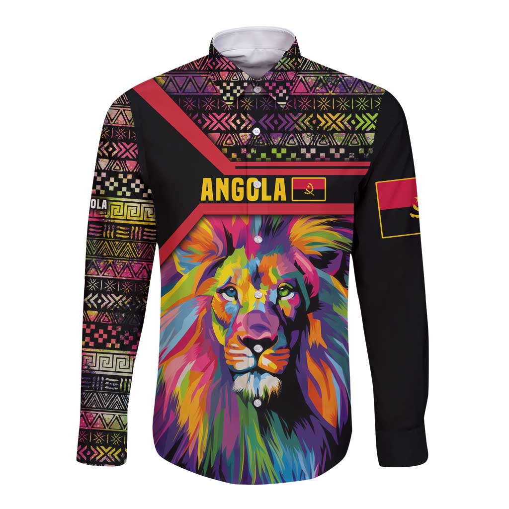 Angola Long Sleeve Button Shirt with Multicolor Tribal Design and Vibrant Lion - Wonder Print Shop