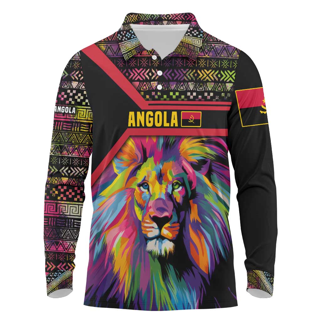 Angola Long Sleeve Polo Shirt with Multicolor Tribal Design and Vibrant Lion - Wonder Print Shop