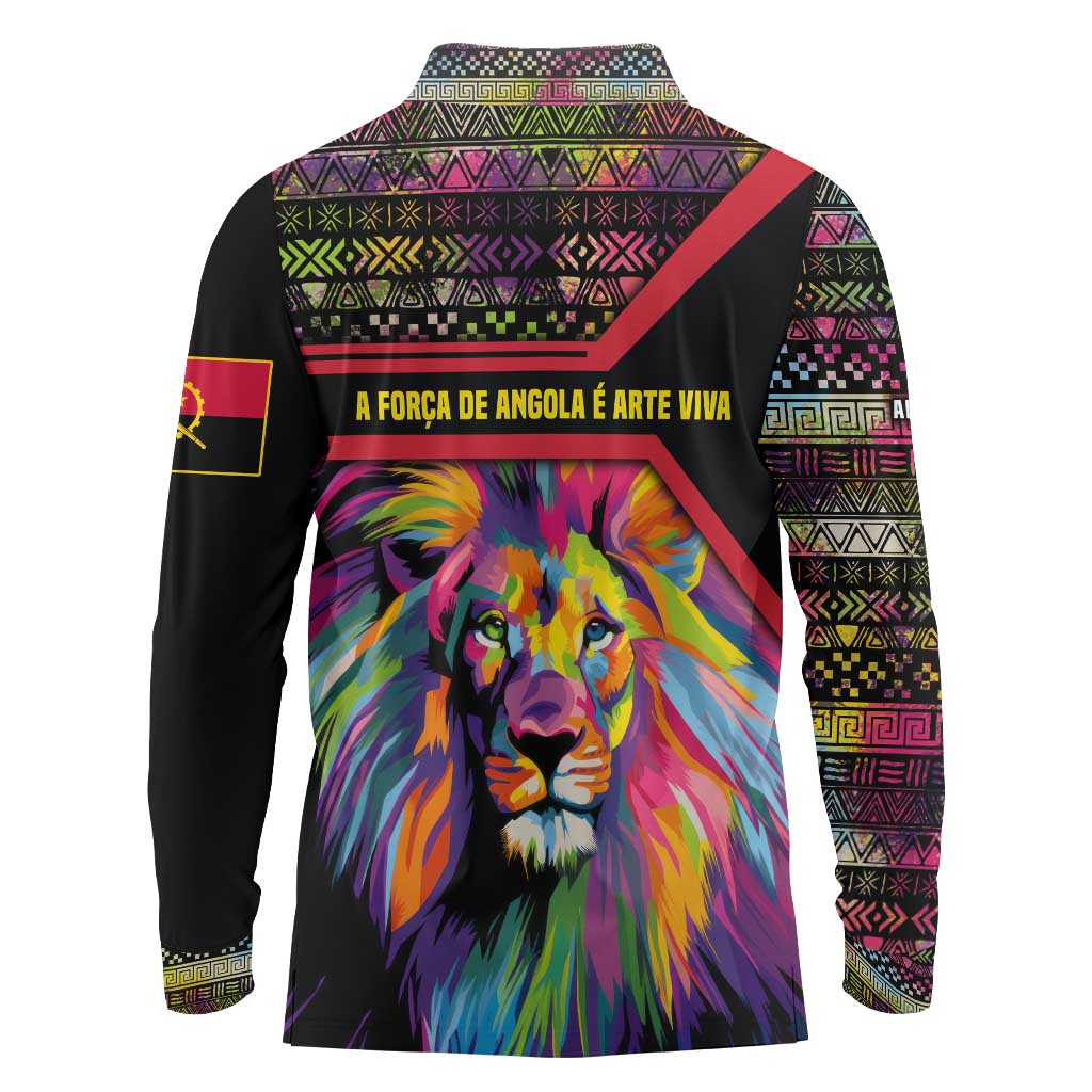 Angola Long Sleeve Polo Shirt with Multicolor Tribal Design and Vibrant Lion - Wonder Print Shop