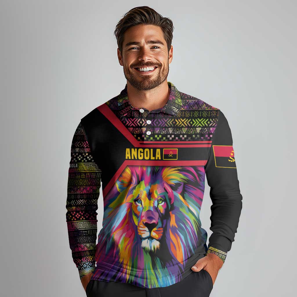 Angola Long Sleeve Polo Shirt with Multicolor Tribal Design and Vibrant Lion - Wonder Print Shop