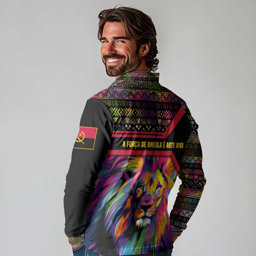Angola Long Sleeve Polo Shirt with Multicolor Tribal Design and Vibrant Lion - Wonder Print Shop