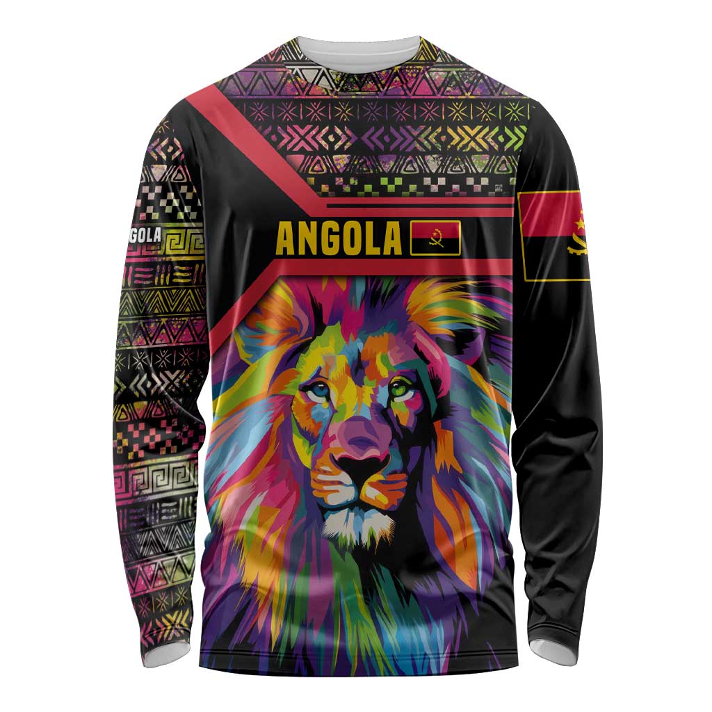 Angola Long Sleeve Shirt with Multicolor Tribal Design and Vibrant Lion - Wonder Print Shop
