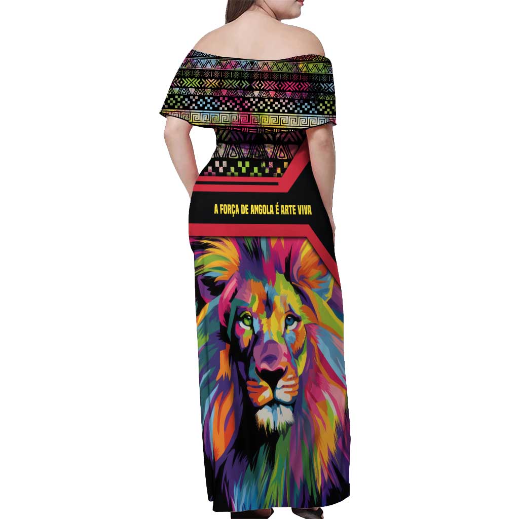 Angola Off Shoulder Maxi Dress with Multicolor Tribal Design and Vibrant Lion - Wonder Print Shop