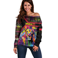 Angola Off Shoulder Sweater with Multicolor Tribal Design and Vibrant Lion - Wonder Print Shop