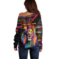 Angola Off Shoulder Sweater with Multicolor Tribal Design and Vibrant Lion - Wonder Print Shop