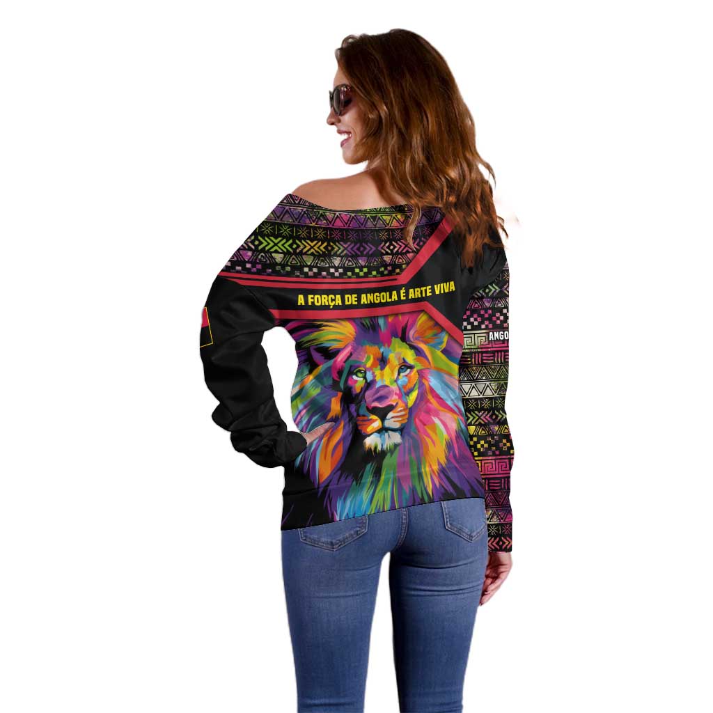 Angola Off Shoulder Sweater with Multicolor Tribal Design and Vibrant Lion - Wonder Print Shop