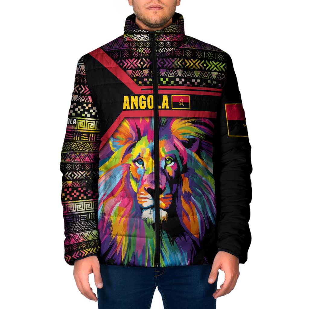 Angola Padded Jacket with Multicolor Tribal Design and Vibrant Lion - Wonder Print Shop