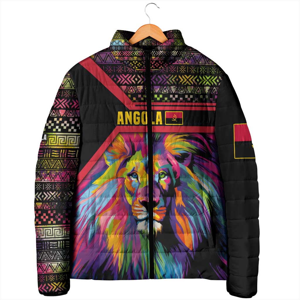 Angola Padded Jacket with Multicolor Tribal Design and Vibrant Lion - Wonder Print Shop