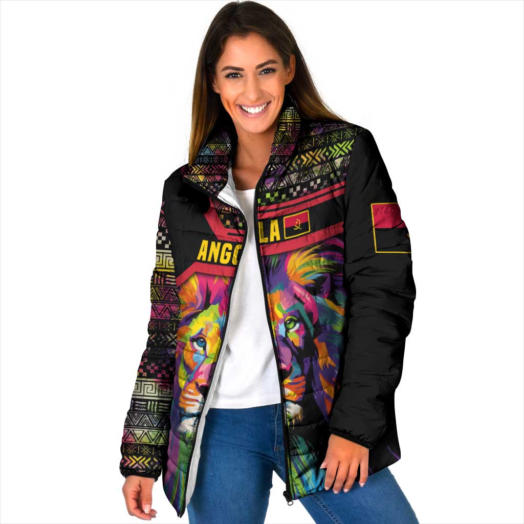 Angola Padded Jacket with Multicolor Tribal Design and Vibrant Lion - Wonder Print Shop