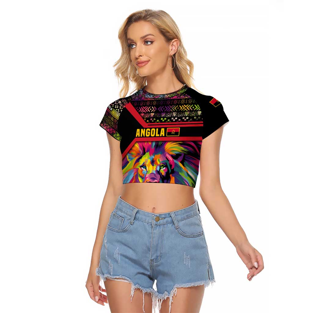 Angola Raglan Cropped T Shirt with Multicolor Tribal Design and Vibrant Lion - Wonder Print Shop