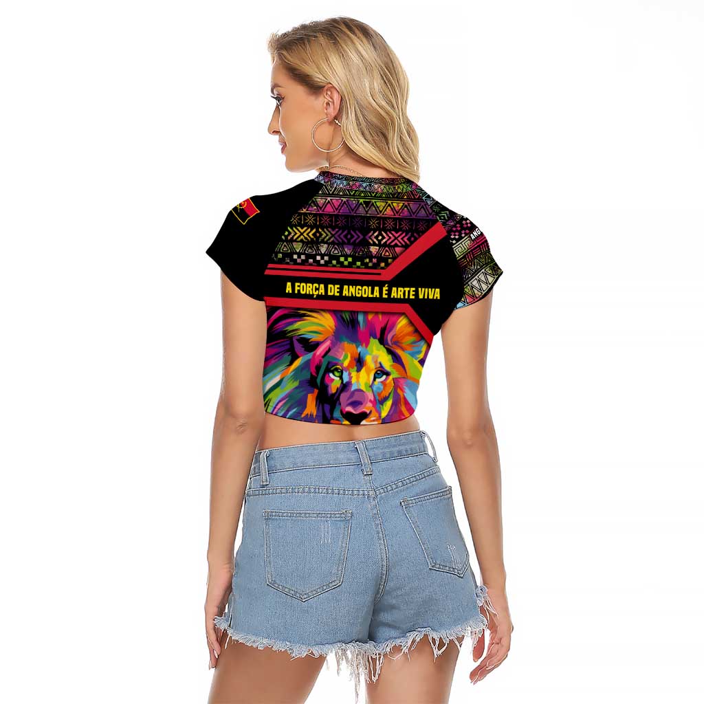 Angola Raglan Cropped T Shirt with Multicolor Tribal Design and Vibrant Lion - Wonder Print Shop
