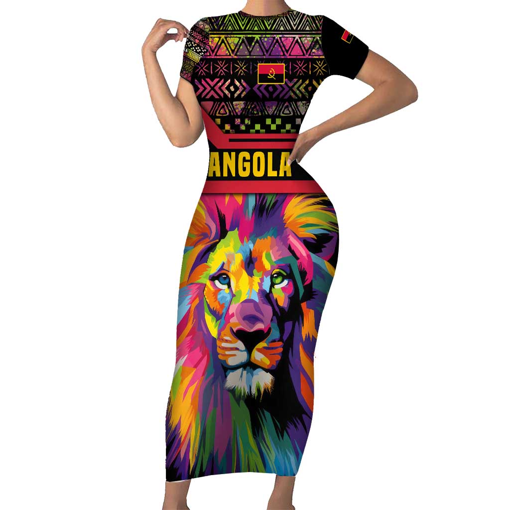 Angola Short Sleeve Bodycon Dress with Multicolor Tribal Design and Vibrant Lion - Wonder Print Shop