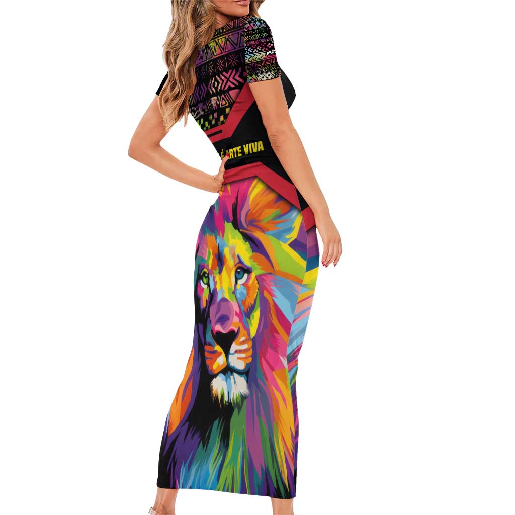 Angola Short Sleeve Bodycon Dress with Multicolor Tribal Design and Vibrant Lion - Wonder Print Shop
