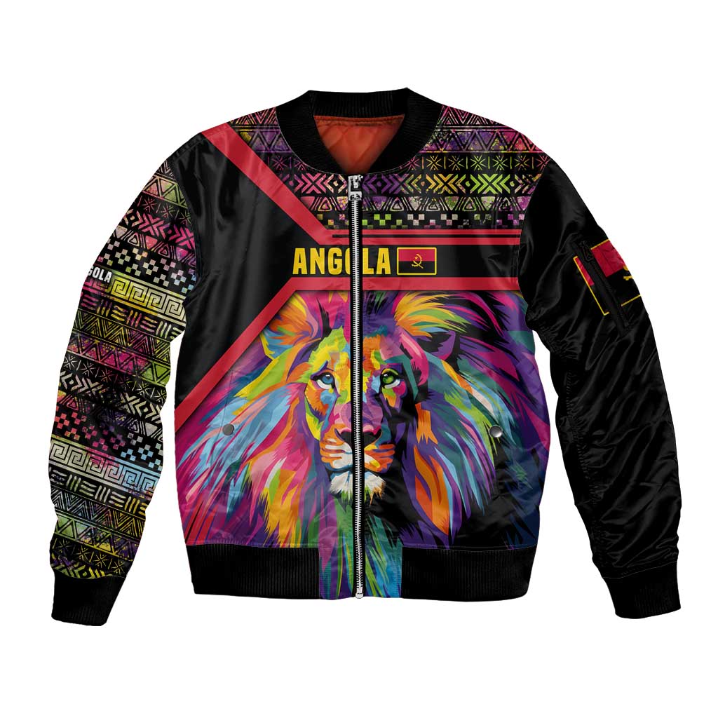 Angola Sleeve Zip Bomber Jacket with Multicolor Tribal Design and Vibrant Lion - Wonder Print Shop