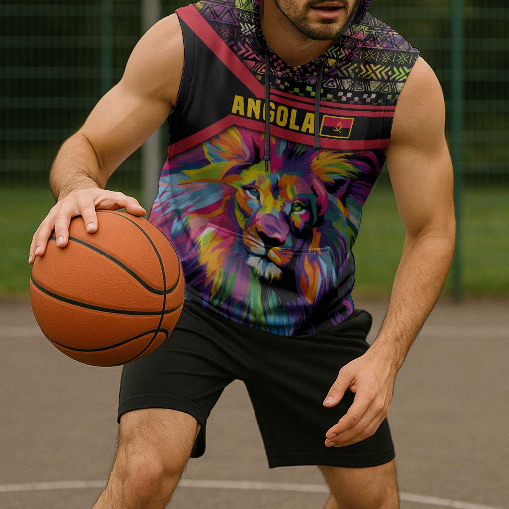 Angola Sleeveless Hoodie with Multicolor Tribal Design and Vibrant Lion - Wonder Print Shop
