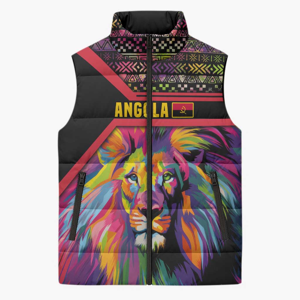 Angola Sleeveless Puffer Jacket with Multicolor Tribal Design and Vibrant Lion - Wonder Print Shop