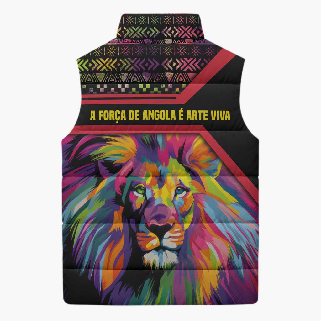 Angola Sleeveless Puffer Jacket with Multicolor Tribal Design and Vibrant Lion - Wonder Print Shop