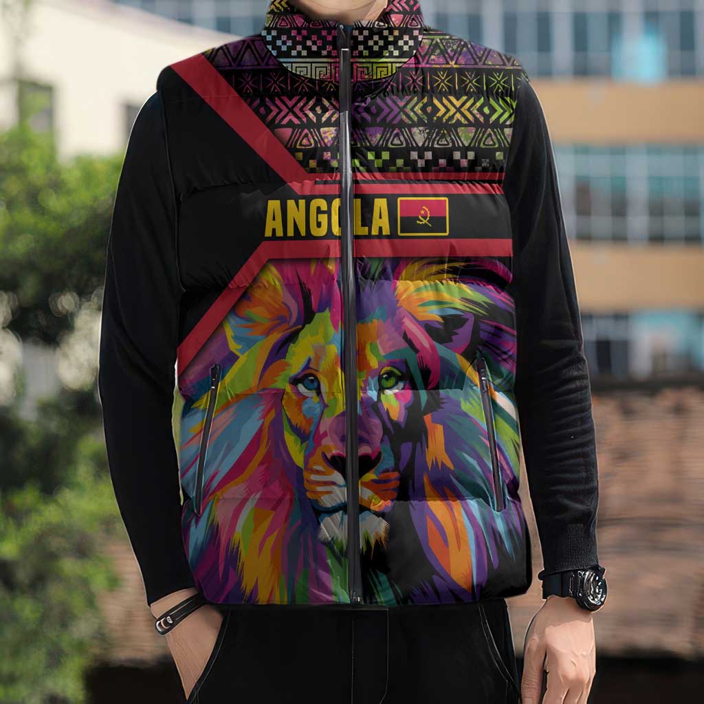 Angola Sleeveless Puffer Jacket with Multicolor Tribal Design and Vibrant Lion - Wonder Print Shop