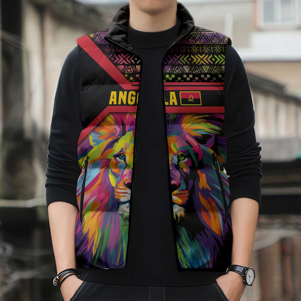 Angola Sleeveless Puffer Jacket with Multicolor Tribal Design and Vibrant Lion - Wonder Print Shop