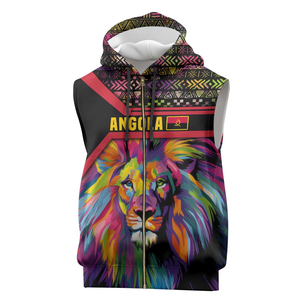 Angola Sleeveless Zip Hoodie with Multicolor Tribal Design and Vibrant Lion - Wonder Print Shop