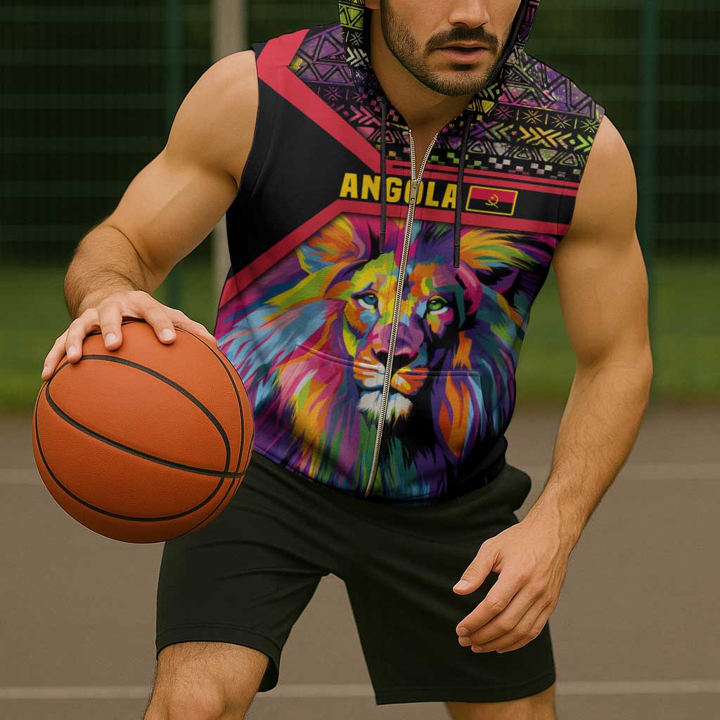 Angola Sleeveless Zip Hoodie with Multicolor Tribal Design and Vibrant Lion - Wonder Print Shop