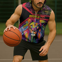 Angola Sleeveless Zip Hoodie with Multicolor Tribal Design and Vibrant Lion - Wonder Print Shop