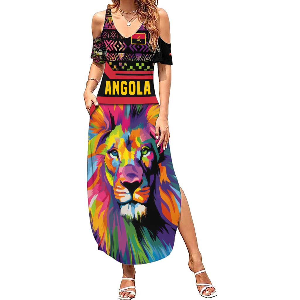 Angola Summer Maxi Dress with Multicolor Tribal Design and Vibrant Lion - Wonder Print Shop