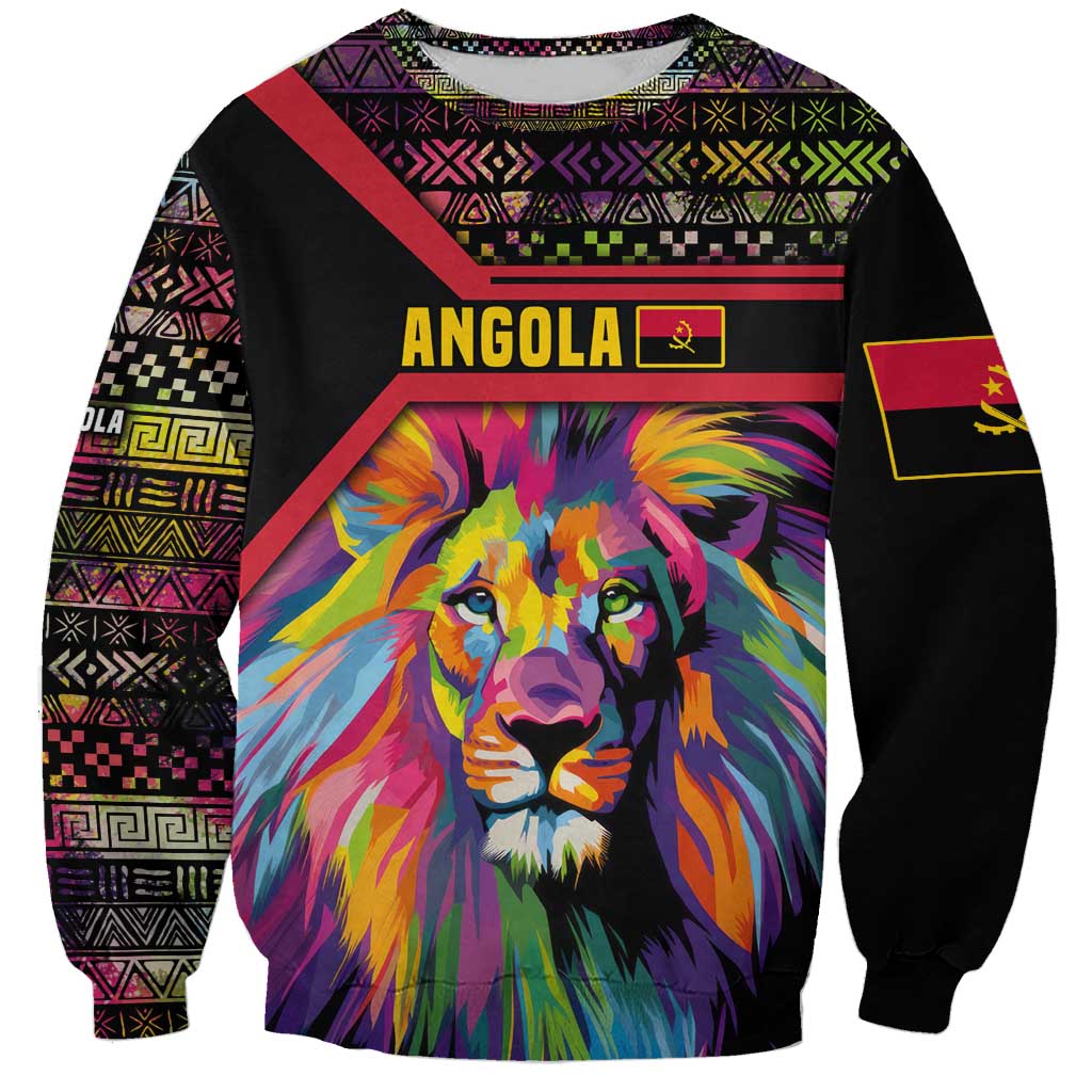 Angola Sweatshirt with Multicolor Tribal Design and Vibrant Lion - Wonder Print Shop
