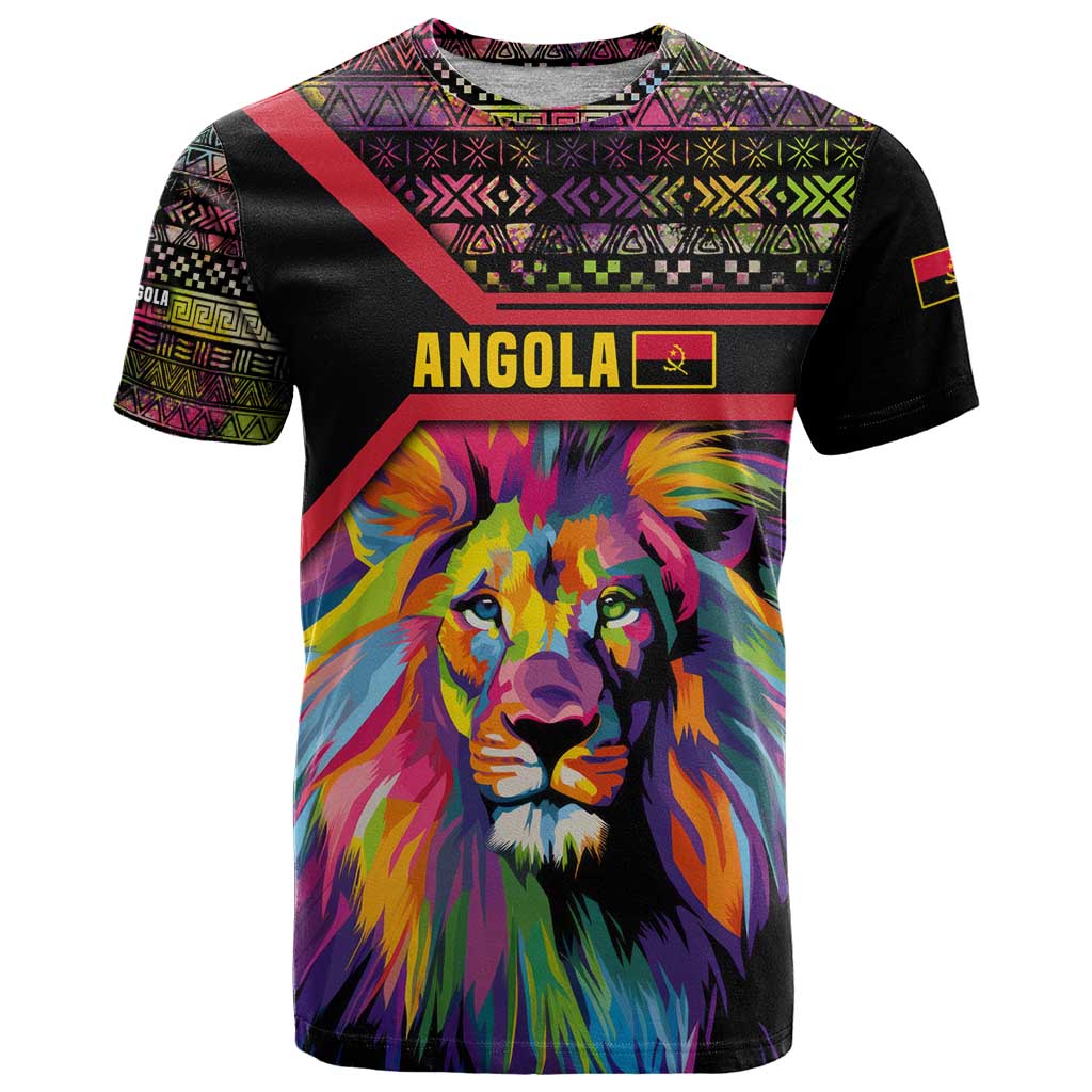 Angola T Shirt with Multicolor Tribal Design and Vibrant Lion - Wonder Print Shop
