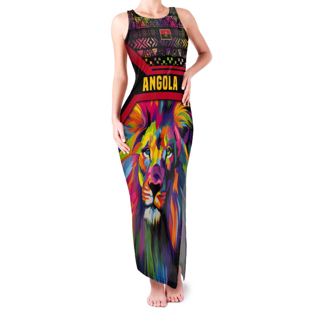 Angola Tank Maxi Dress with Multicolor Tribal Design and Vibrant Lion - Wonder Print Shop
